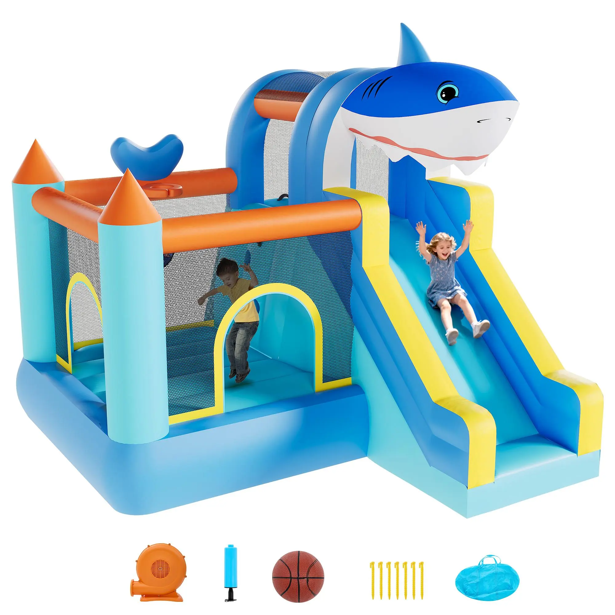 Inflatable Bounce House with Slide and Basketball Hoop, 4-in-1 Jumping Castle for Kids, Indoor Outdoor Water Park Playset, Heavy Duty Oxford Fabric, Fast Setup for Backyard Party