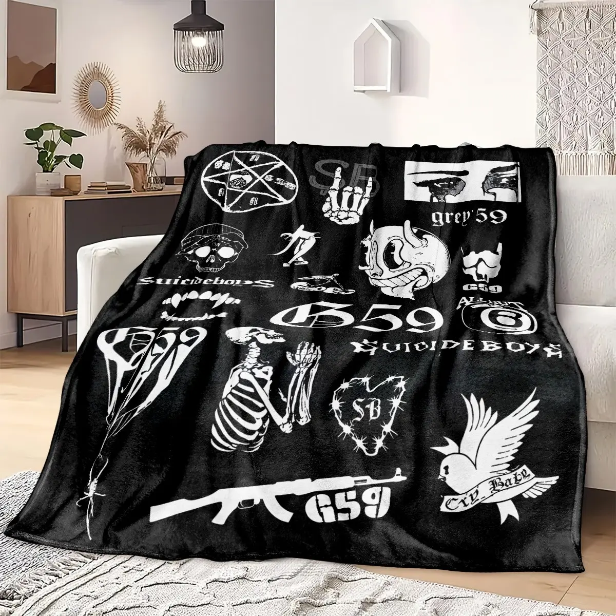 1pc uicideboy G59 Dark Tattoo-style Fleece Blanket, Graphic Throw Blanket, Black & White Skull & Devil Elements Collage Print, Street Goth Subculture Style, Soft Warm Multi-use Throw for Sofa, Bed, Camping, Ideal Gift for Halloween, Christmas & New Year