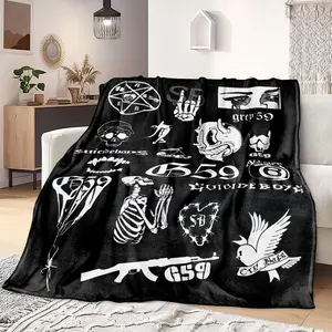 1pc uicideboy G59 Dark Tattoo-style Fleece Blanket, Black & White Skull & Devil Elements Collage Print, Street Goth Subculture Style. Soft Warm Multi-use Throw for Sofa, Bed, Office, Camping, Ideal Gift for Halloween, Christmas & New Year.