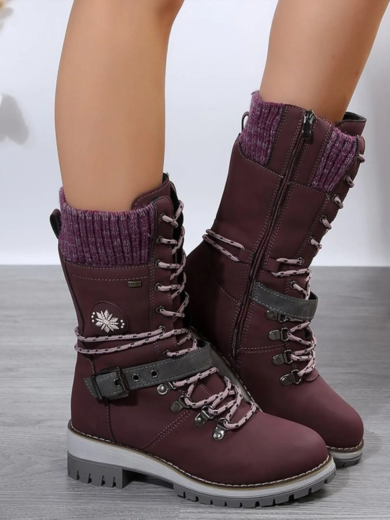 Women Winter Mid Calf Snow Boots, Faux Leather Upper Knit Cuff Lace‑Up Combat Boots, Side Zipper Buckle Non‑Slip Block Heel Warm Outdoor Boots