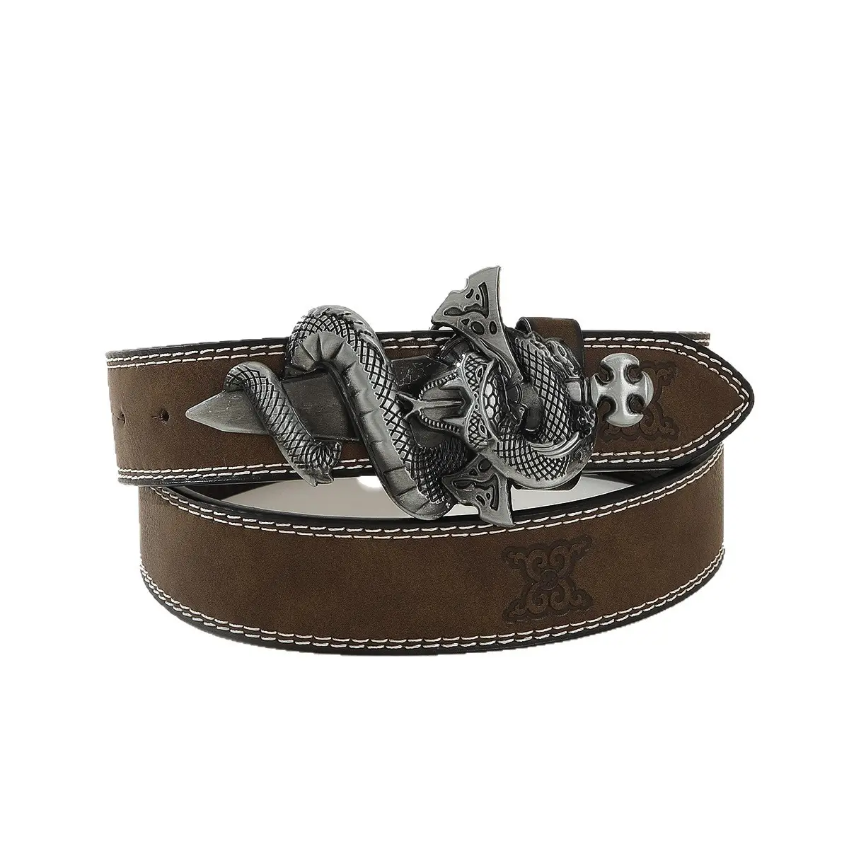Western Cowboy PU Leather Belt, Coiled Snake & Dagger Oval Buckle, Vintage Embossed Strap, Unisex Retro Rodeo Waist Belt Matching Jeans & Street Outfits