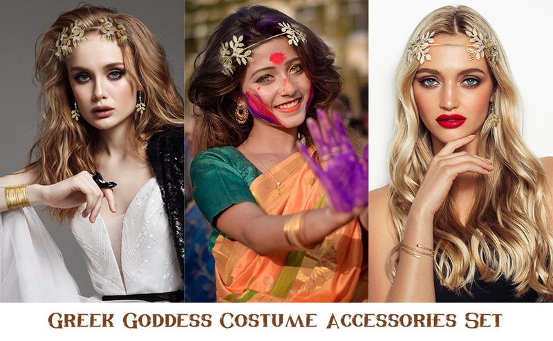 Florideco 9 Pcs Greek Goddess Costume Accessories Set for Women Golden Laurel Leaf Crown Headband Upper Arm Coil Bracelet Pearl Leaf Dangle Earring Artificial Pearl Earrings Necklace Bridal Wedding