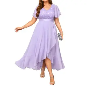 Pinup Fashion Plus Size Formal Dress - Evening Wedding Guest Cocktail Sequin Chiffon Long Dresses with Slit