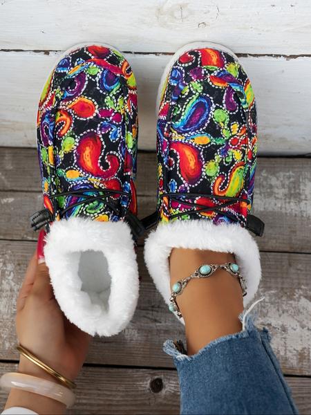 Women's Fall Winter Boho Style Slip-On Loafers, Round Toe Lace-Up Casual Shoes, Warm Textile Upper Eva Sole, Low Top Ankle Boots, Casual Fashion Shoes