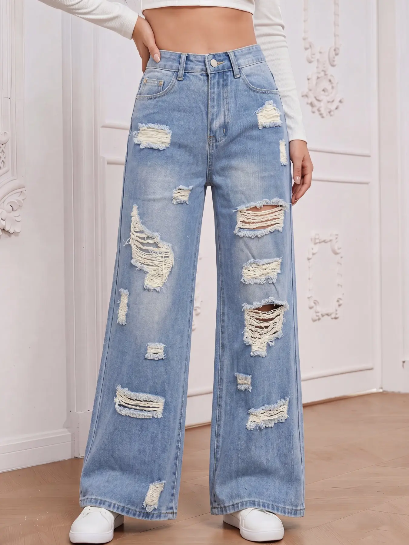 Women's Casual Loose Fit Ripped Wide Leg Jeans, Fashionable Comfort Design, Perfect for Daily Wear, All Seasons