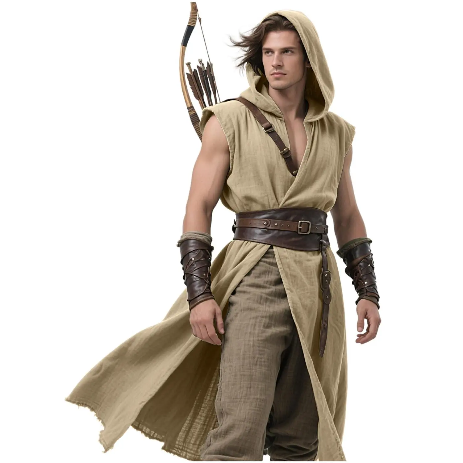Men's Medieval Hooded Sleeveless Surcoat - Polyester-Nylon-Acrylic Synthetic Fabric Tabard for Viking Cosplay, Halloween Costumes, Historical/Period Tunic, Multi Menswear