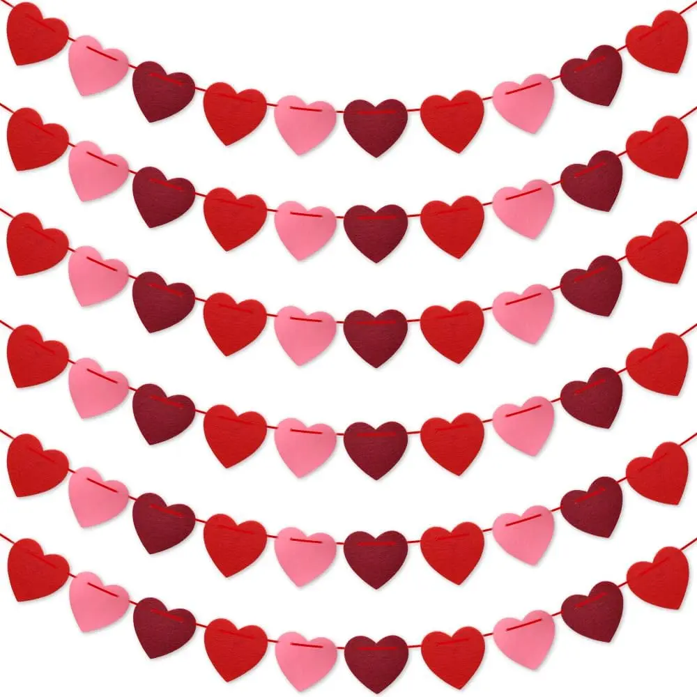 Valentines Day Decorations, 6 Strips Valentines Day Garland | Felt Heart Garland Banner for Mantle, Wall, Party Valentine Decorations -  Hearts Decorations for Valentine Decor