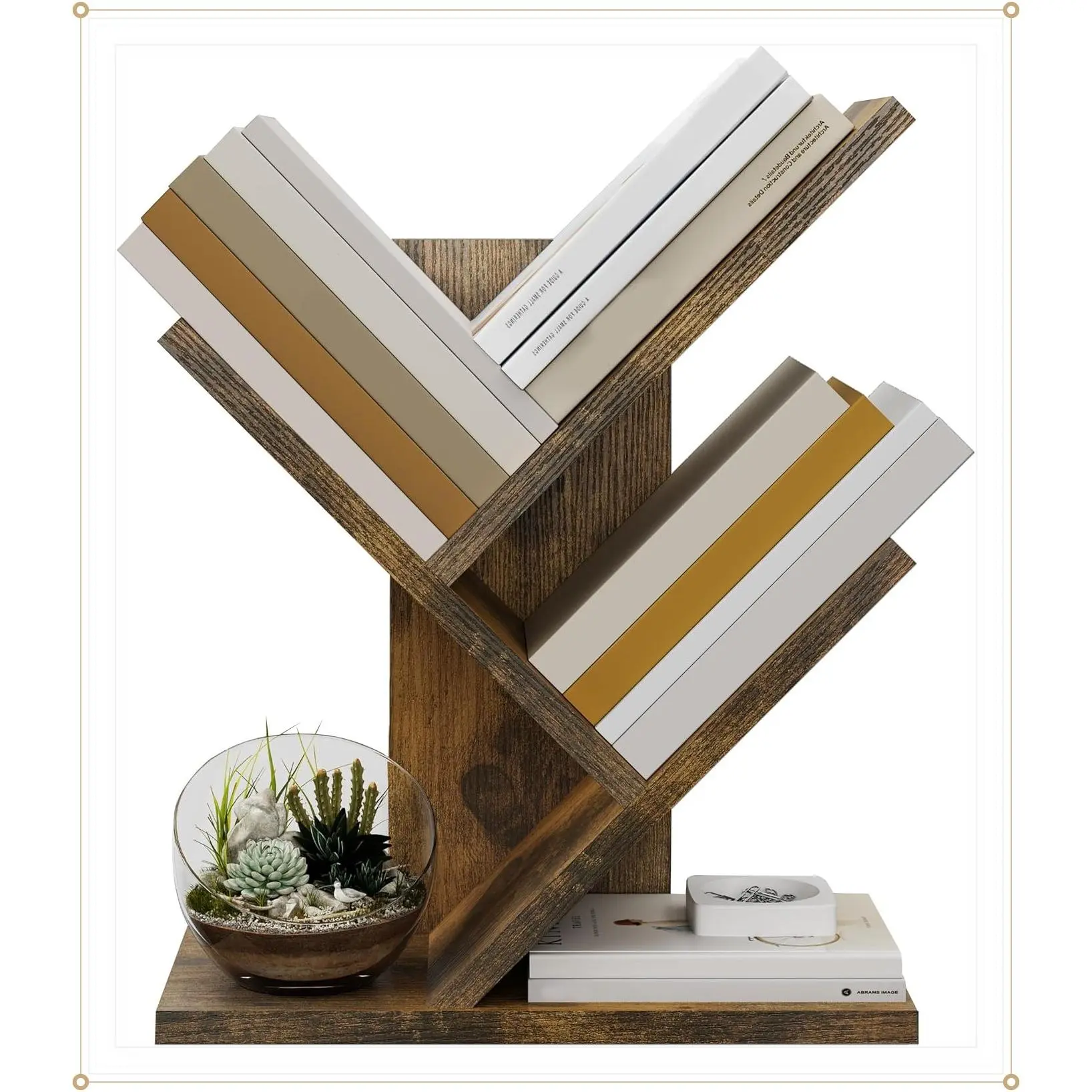 Tree Bookshelf 3-Tier Small Book Organizer, Rustic Brown | Mini Bookshelf, Small Bookcase, Modern Book Storage for Books/CDs, Tabletop Bookshelf for Desk, Bedroom, Living Room, OfficeGift