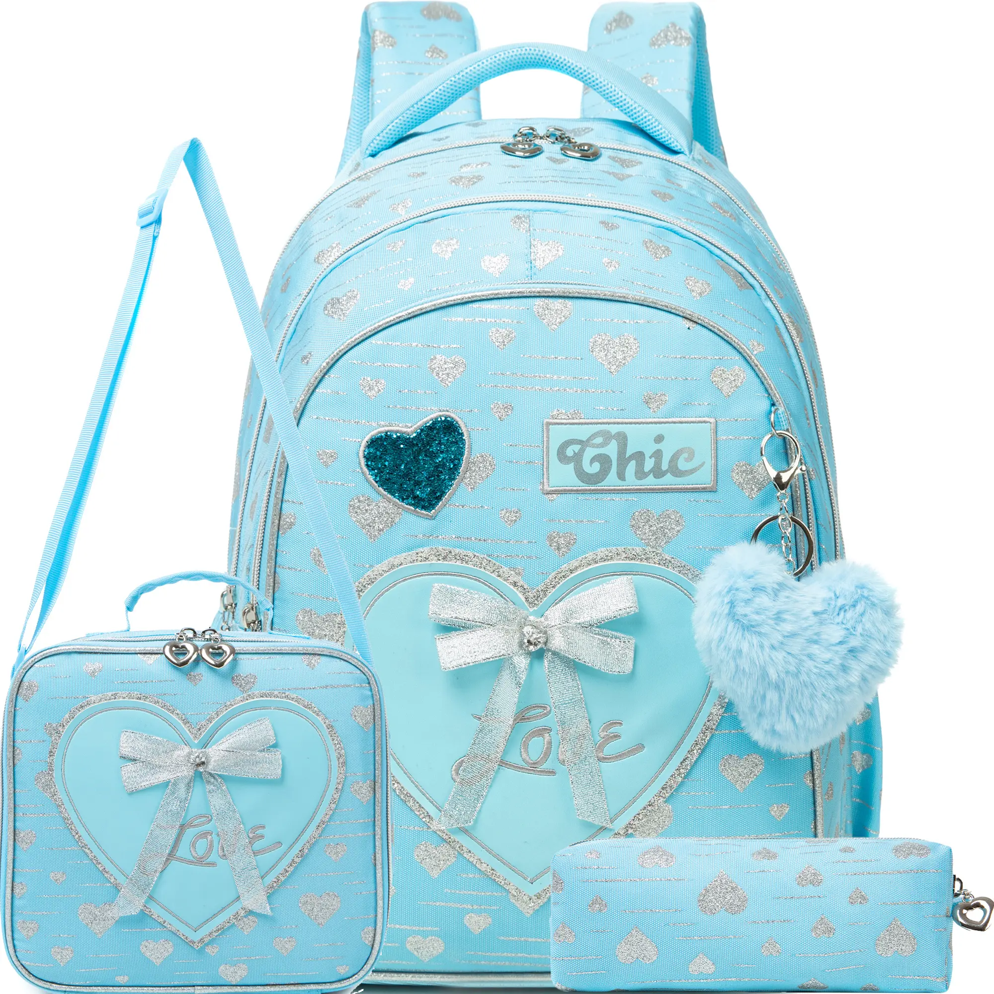 Light Blue Heart Backpack 3pcs Set for Girls | Cute Princess Bowknot School Bag with Lunch Box & Pencil Case | Silver Glitter Chic Kids Bookbag 2026 bluey   Backpack