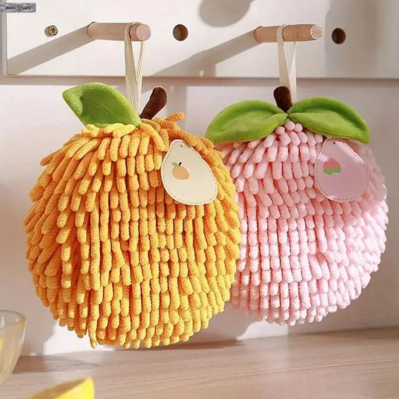 Hanging Hand Towels, Thick Plush Polka Dot Chenille, Super Absorbent for Kitchen and Bathroom, Pink + Yellow (2 Pack), Two Packs
