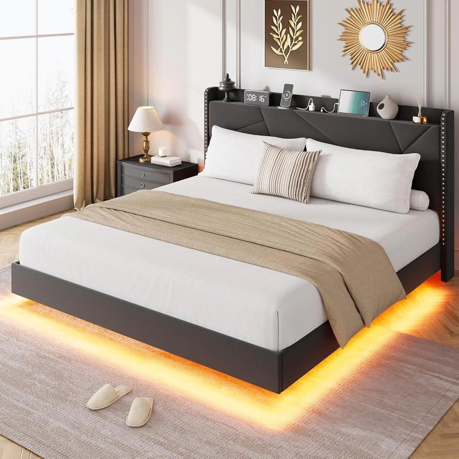 Floating Bed Frame with LED Lights, Charging Station, Upholstered Platform, Storage Headboard, Folding Shelves, Metal Slats, No Box Spring Needed – Modern Bedroom Bed, Black/Beige, Full/Queen/King