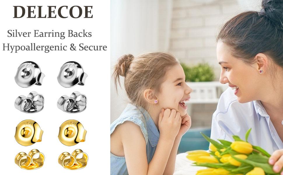 12PCS Real 925 Silver Earring Backs Replacements, 18K White , Secure Ear Locking for Stud Nut for Posts, 6mm