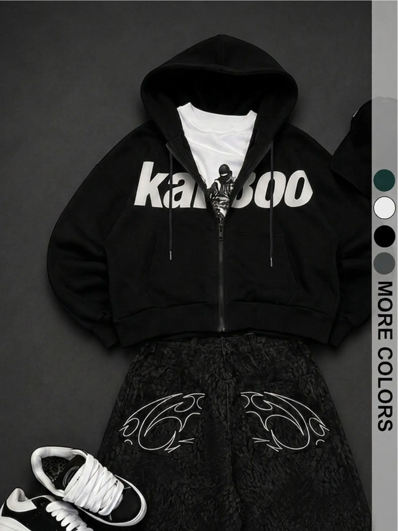 Street Goth Thorn Totem Statement Short Sweatshirt, Drop Shoulder Loose Fit, Dark Zipper Hoodie, Fall & Winter Everyday Casual Wear