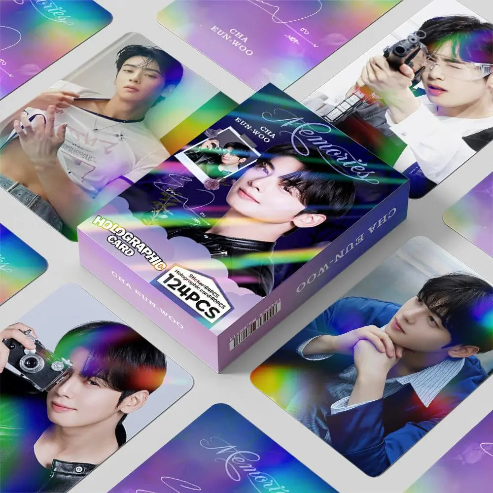 124PCS Cha Eun-woo Holographic Photo Cards - Double-Sided Korean Star LOMO Collectible Cards Stickers Set