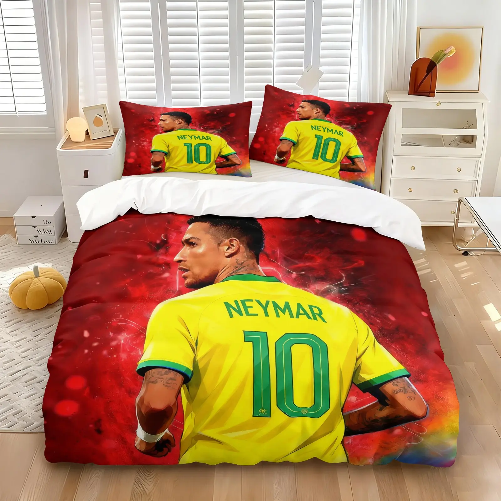 Neymar Brazil No.10 Football Star Duvet Cover Set, Includes 1 Duvet Cover + 1/2 Pillowcases, Soft Skin-Friendly Durable All Season Bedding, Perfect For Soccer Fans, Teen Boys & Sports Bedroom Decor