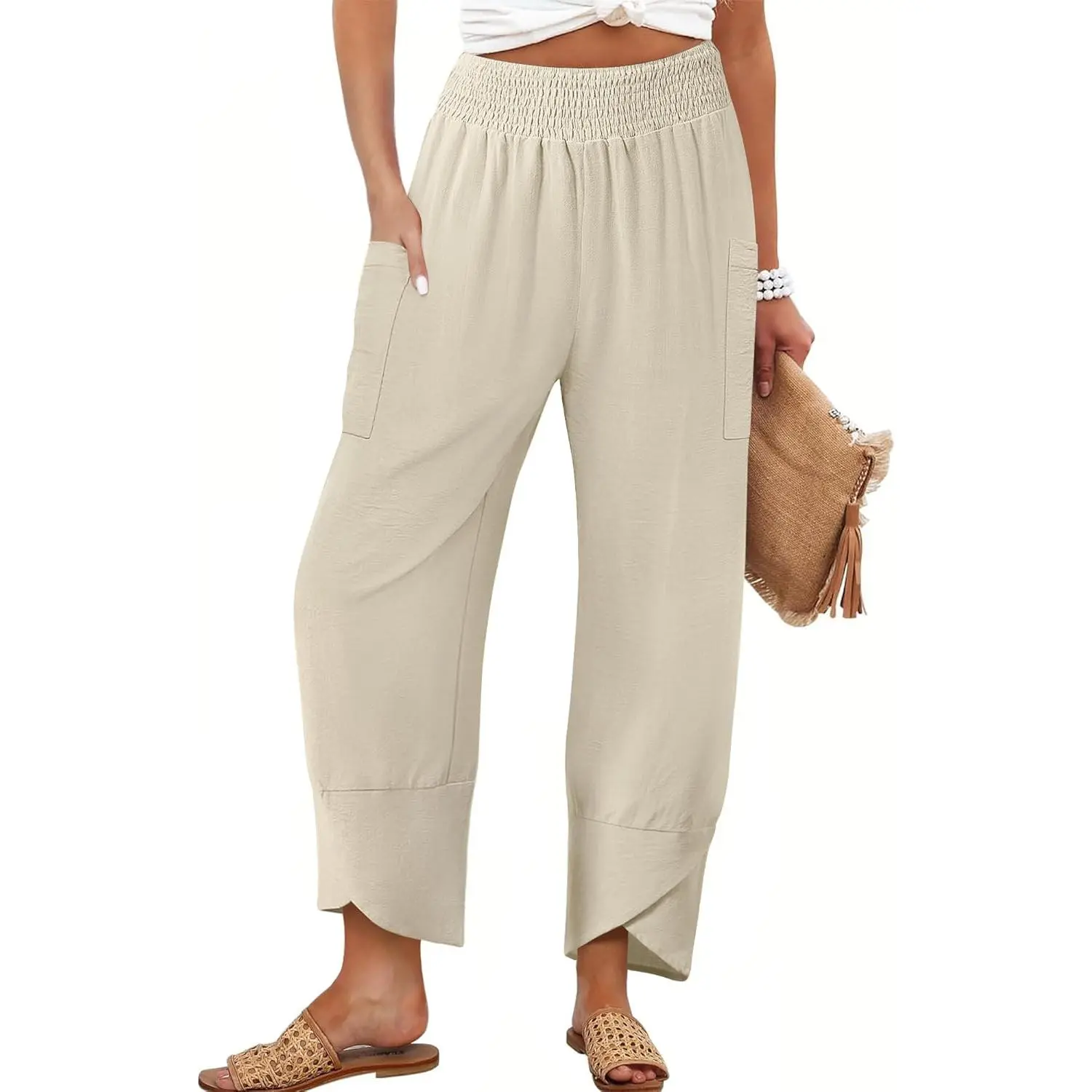 Women's Summer High Waisted Baggy Pants Wide Leg Linen Pants Casual Ankle Length Trouser Slacks with Pockets
