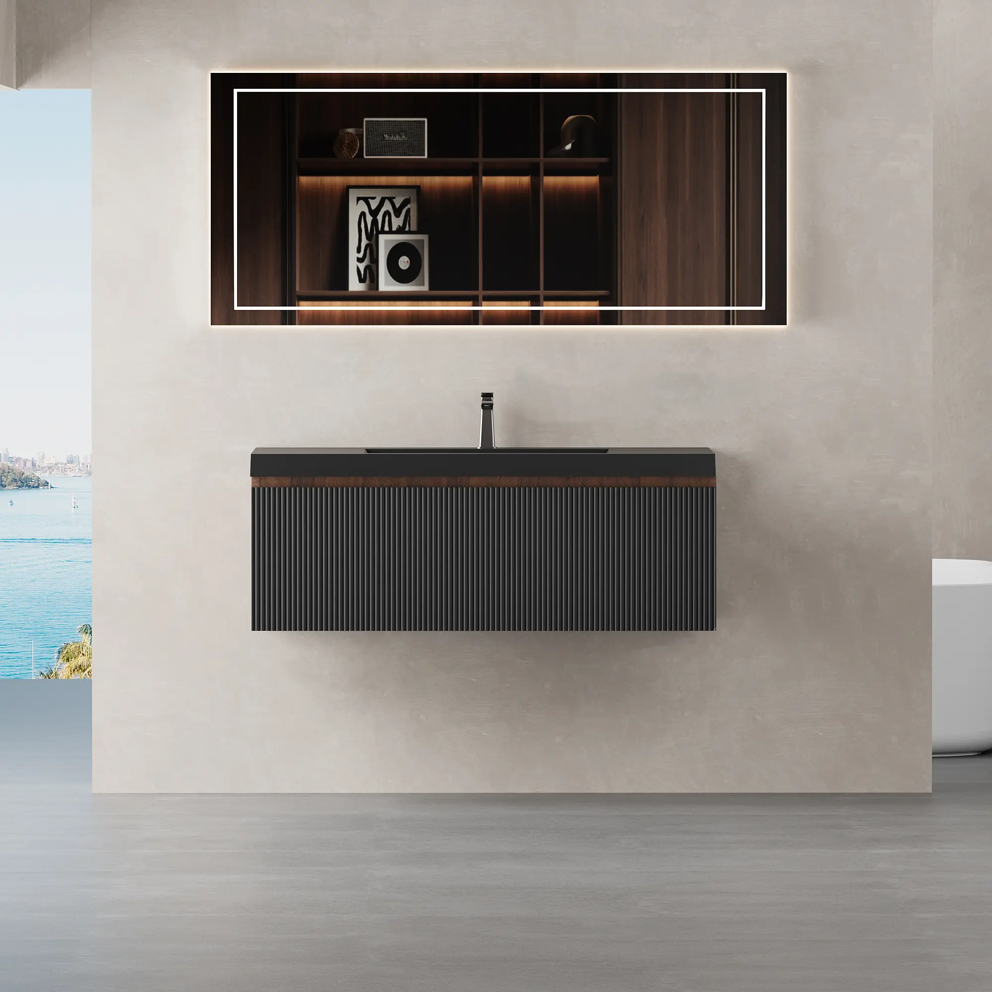ARCH 42-Inch Floating Bathroom Vanity with Sink, Wall-Mounted Striped Storage Cabinet, Soft-Close Drawers, Black Quartz Sand Basin, Smoked Walnut Finish, Engineered Wood, Fully Assembled, Modern Bathroom Furniture, 19.69 W x 41.93 D x 15.75 H Inches