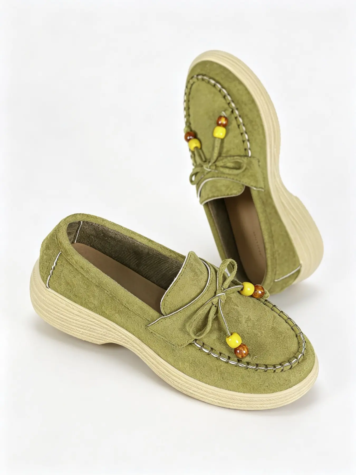 Women's Olive Thick Sole Loafers, Bohemian Beaded Bow Slip-On Casual Shoes, Vintage Moccasin Anti-Slip Flat Shoes, Comfortable Daily Commute Shoes
