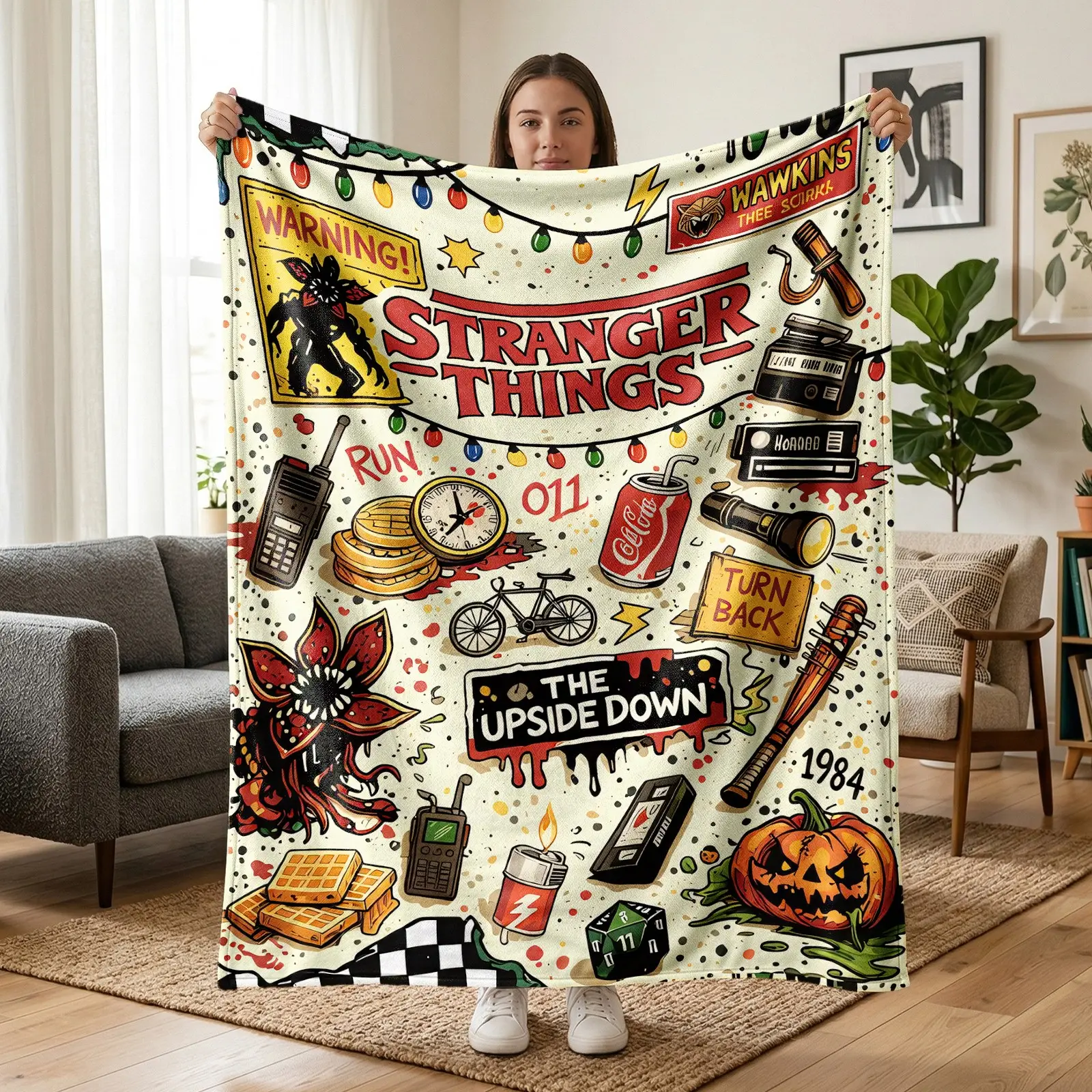 1pc Stranger Things Retro Collage Fleece Blanket, Printed With Demogorgon, Vintage Props, Fairy Lights, Slogans And Pumpkin Graffiti, Retro Horror Movie Decor, Soft Warm Blanket For Sofa, Bed, Office, Shawl, Camping, Christmas Gift