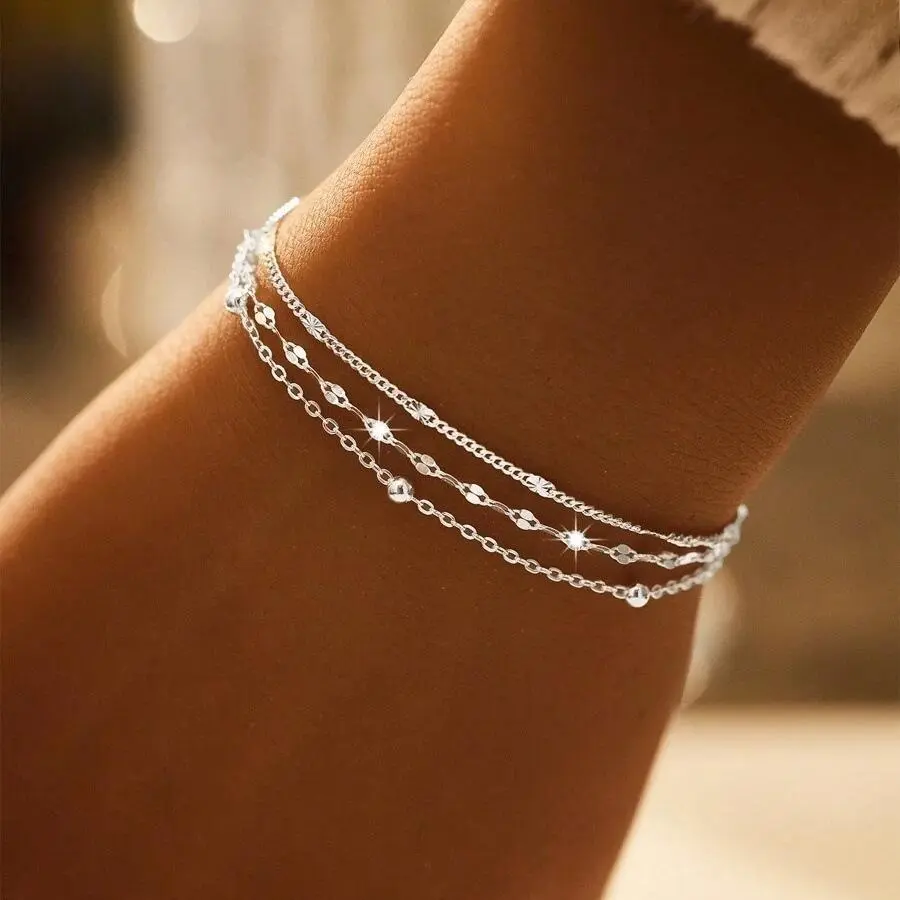 Women's 3-Piece Dainty Layered Chain Bracelet Set - Gold Silver Adjustable Stackable, Delicate Shiny Beaded & Lip Chain Sports Wristband for Daily, Beach Wear, Adjustable Size, Beads & Links, Chain Set