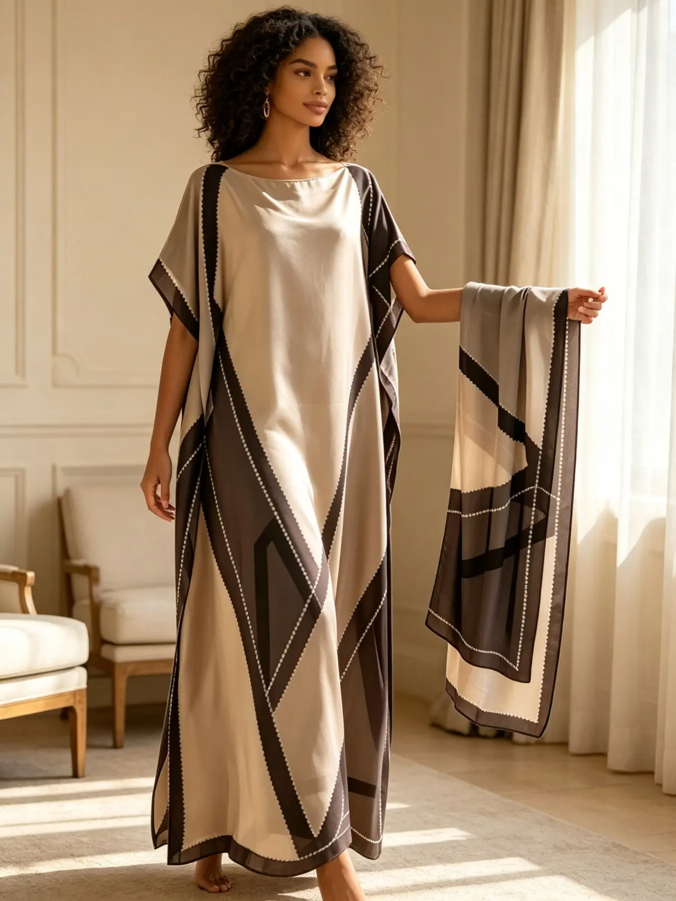 Plus Size Women's Two-Piece Satin Kaftan Set, Geometric Rhombus Print Long Split Sleepwear with Matching Headscarf, Loose Fit Casual Wear