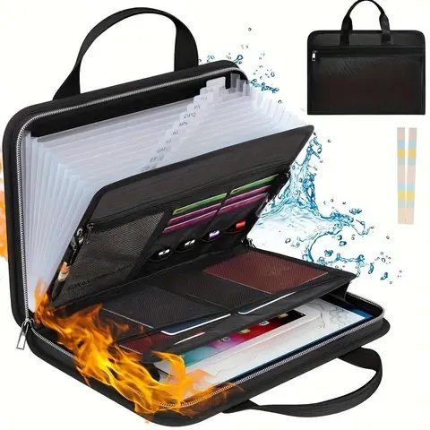 Fireproof Foldable File Folder with Handle, 13 Transparent Pockets, Zipper and Labels, Expandable Multi-Pocket Document Organizer, Office File Storage
