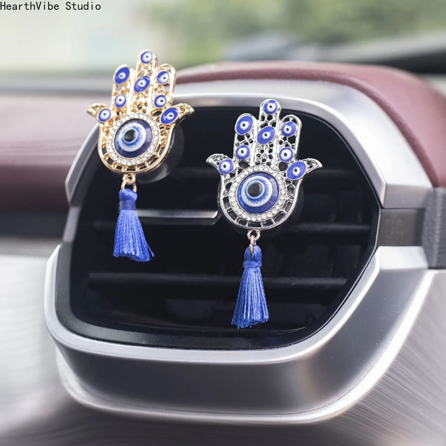 Hamsa Hand Evil Eye Car Air Freshener Vent Clip - Rhinestone, Blue Synthetic Suede Tassel, Crystal Diffuser, Lucky Charms, Auto Interior Decor Accessory Gift for Drivers (Car Fragrance Hamsa)
