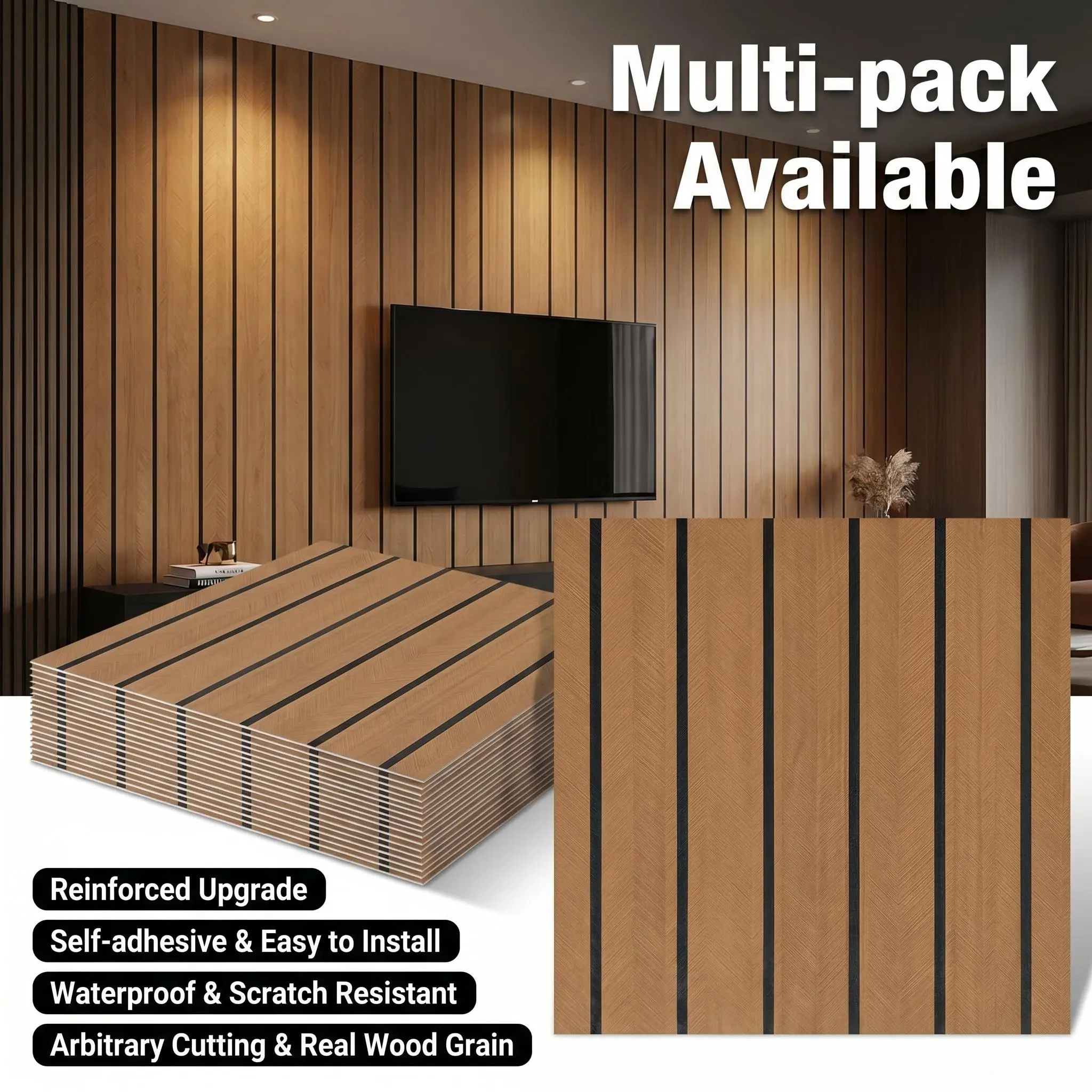 Multi-Pack Faux Wood Slat Wall Panels, Self Adhesive No Drill, Easy Install Waterproof Wall Covering, Modern TV Background Wall Makeover
