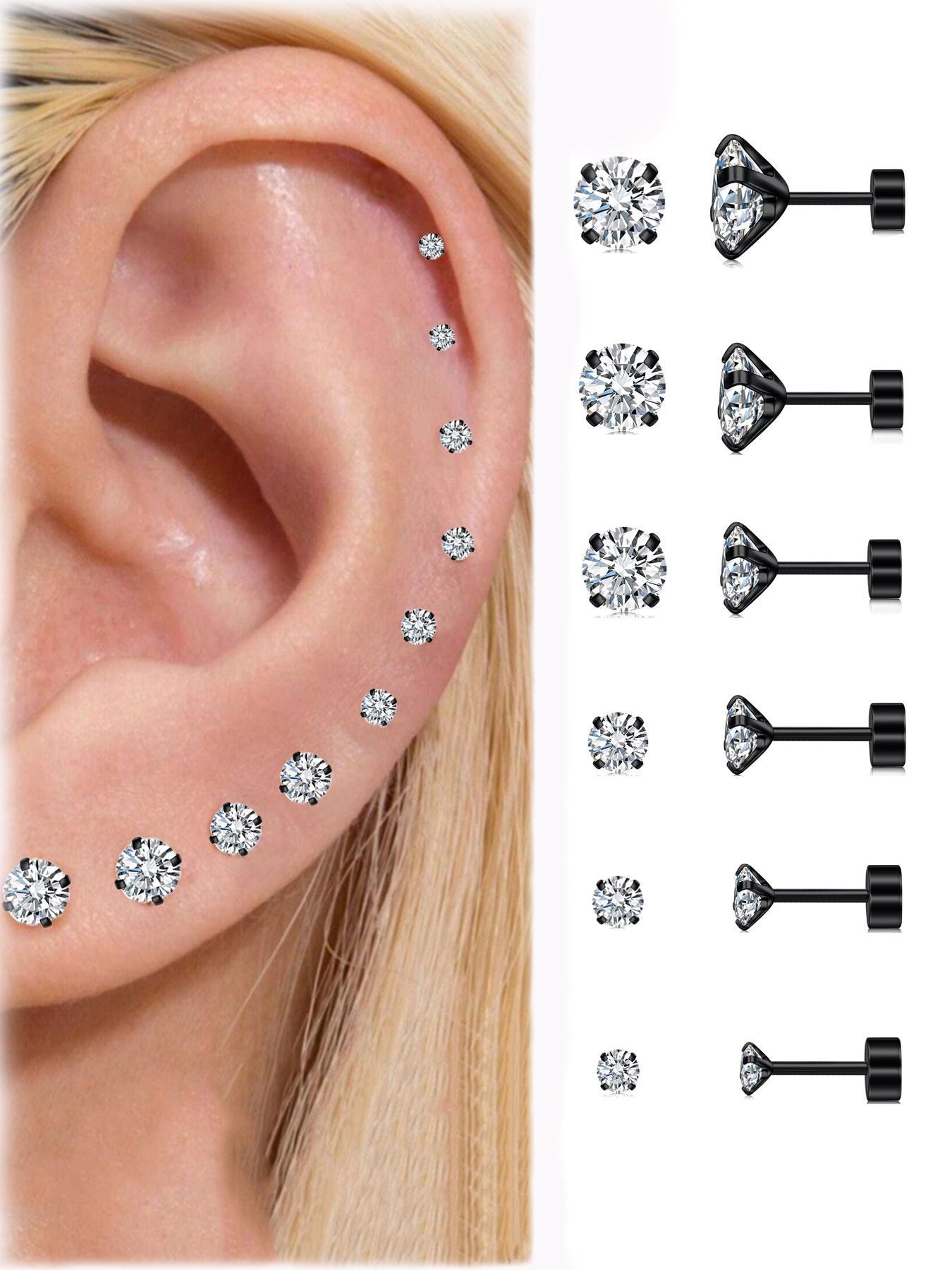 Multiple Sizes Cubic Zirconia Decor Ear Studs, Stainless Steel Material Ear Cartilage Piercing Jewelry for Women, Fashion Body Piercing Jewelry for Party, Daily Cubic Zirconia Decor, Funky Jewelry Six Pairs Variety, Rhinestone Embellishments