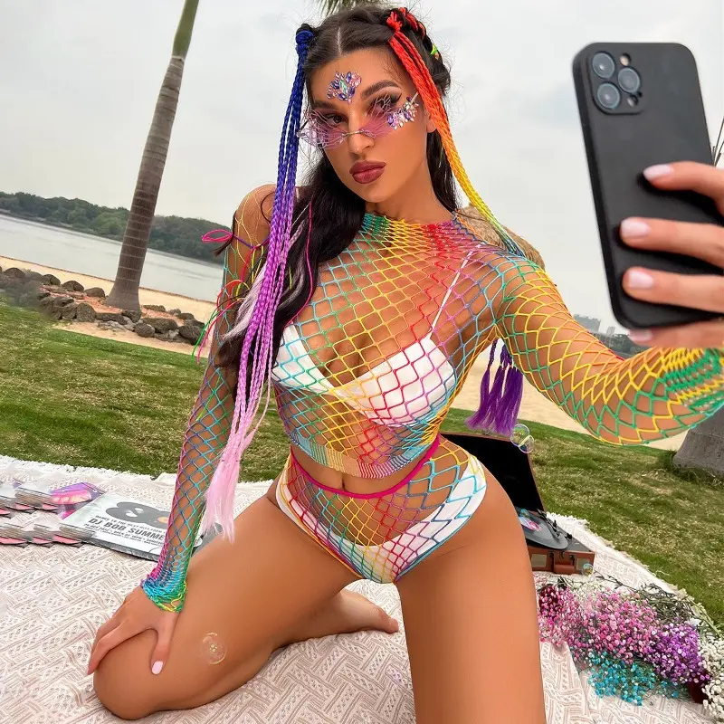 High Neck Fishnet Skinny 2-Piece Rainbow Bikini Cover-Up Set