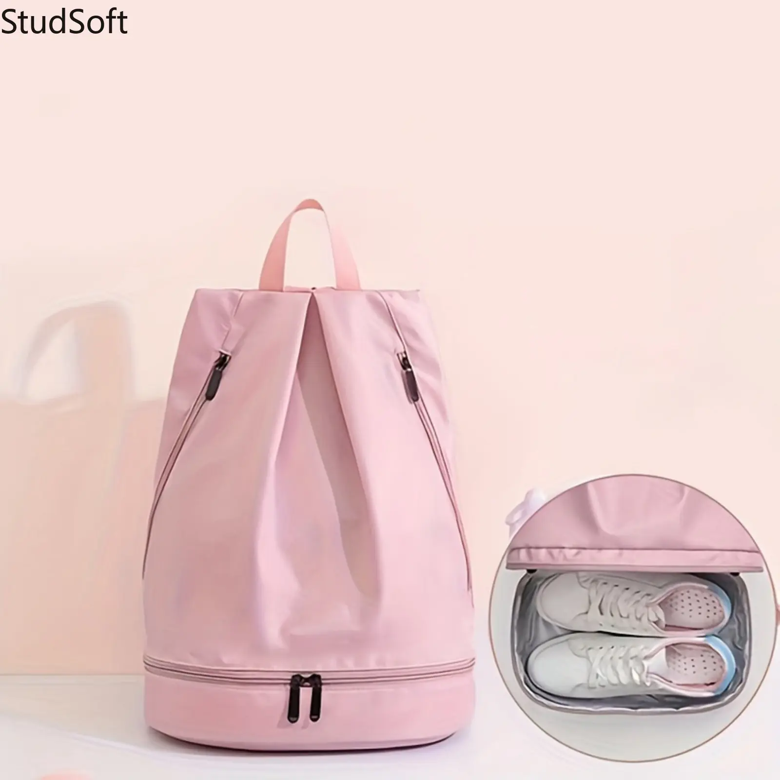 Trendy Drawstring Backpack Women Gym Bag with Shoe Compartment Waterproof Nylon Sports Rucksack Dry Wet Separation Fitness Pack for Swim Travel