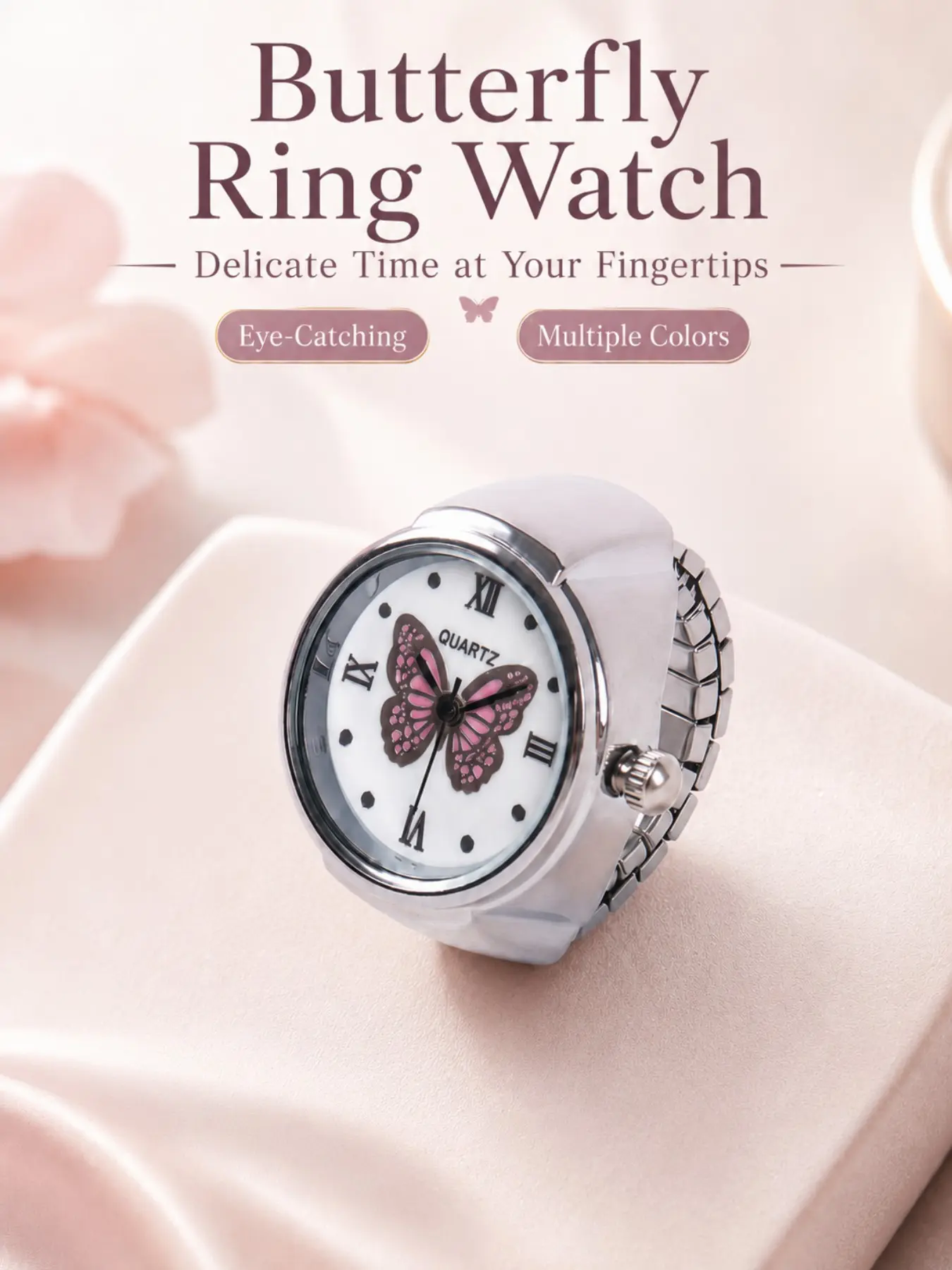 Women's Butterfly Ring Watch, Silver Color Quartz Finger Watch with Elastic Band, Roman Numerals Dial, Daily Wear Mini Fashion Accessory Gift, Casual Quartz Watch