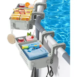 【2026 Upgrade】 2 Sets Poolside Storage Basket with Cup Holders, Above Ground Pool Accessories, Swimming Pool Storage Basket 3-in-1 Functionality, Fits 3 Inch or Less Top Rail (Grey, 2Pcs)