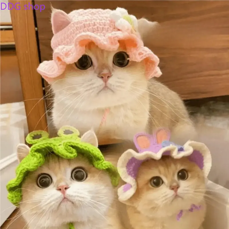 Handmade Knitted Animal Pet Costume Hat - 1 Count Cute Style Decorative Accessory with Pink Flower, Frog Design, Purple Bunny Ear for Small Dogs/Cats (Sports & Outdoor Protective Gear)