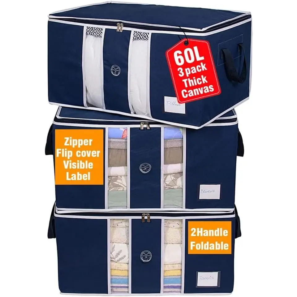Clotes Storage Bag Organizer for, Blankets, Cloting, Coforters and Bedding Sets - Stackable wit Zippers - Clear Window - 3 Pack Blue