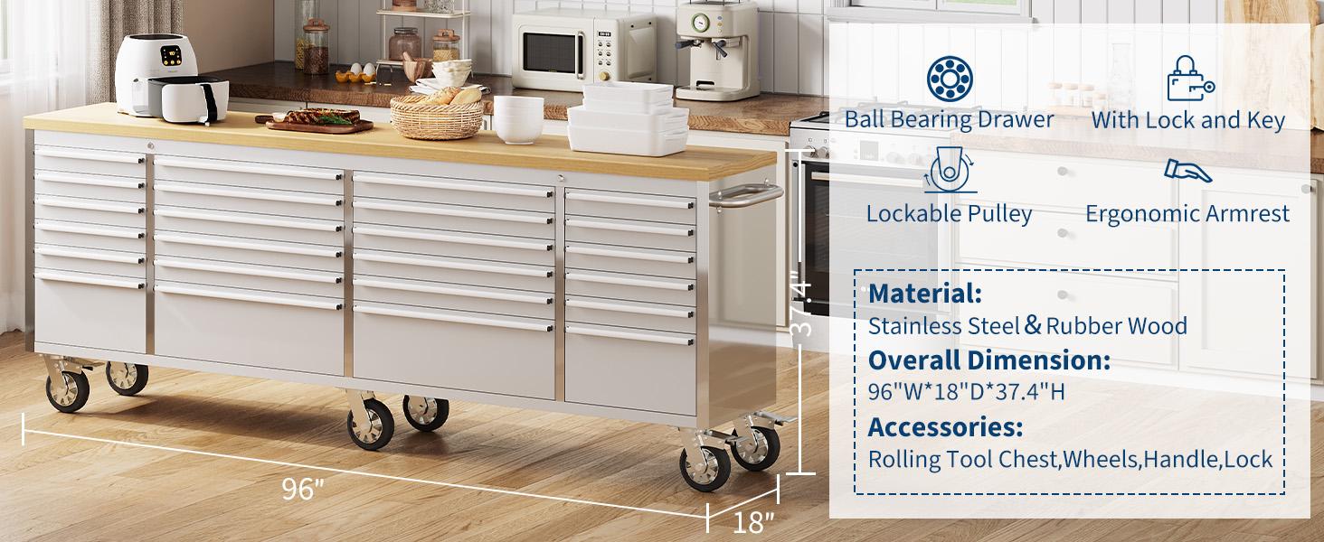 96" Tool Chest, Heavy-Duty Rolling 24-Drawer Professional Mobile Tool Cabinet with Lock & Key, Drawer Liners & 6" Casters for Garage, Workshop or Auto Shop Storage