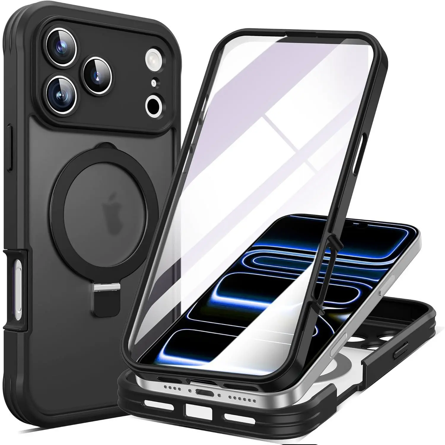Full-Body Drop Proof Bumper Phone Case for iPhone 17 Pro Max,[Built In 360 Rotating Kickstand][9H Tempered Glass Screen Protector][Compatible with Magsafe]