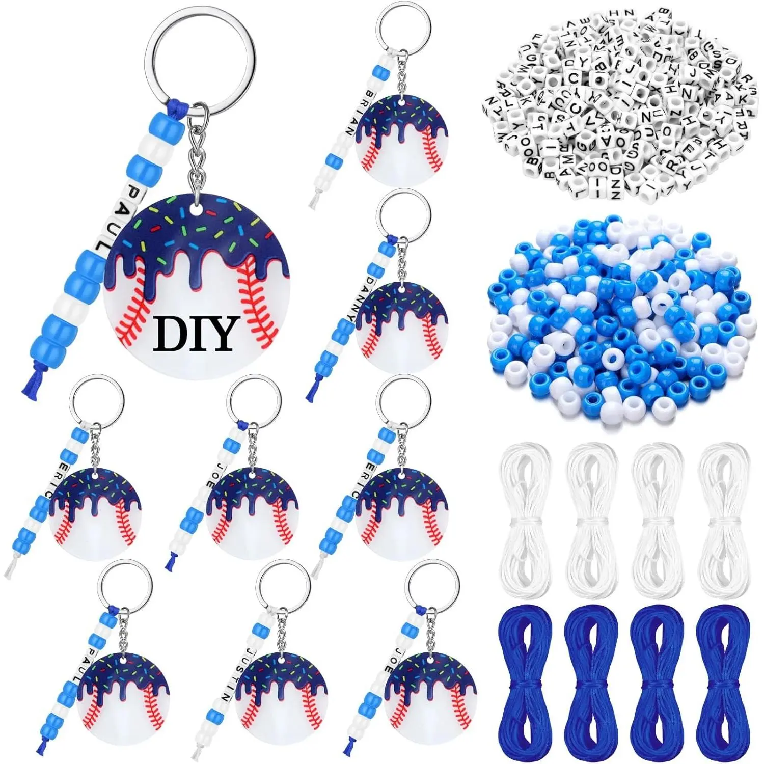 12 Pcs Baseball Drip Keychains, 2" DIY Bag Tag Favors,Blue | Party Goodie Bag Supplies for Boys Sports, Acrylic Baseball Tags with Beads Ropes, Keyring Charms for Backpack Team Gifts