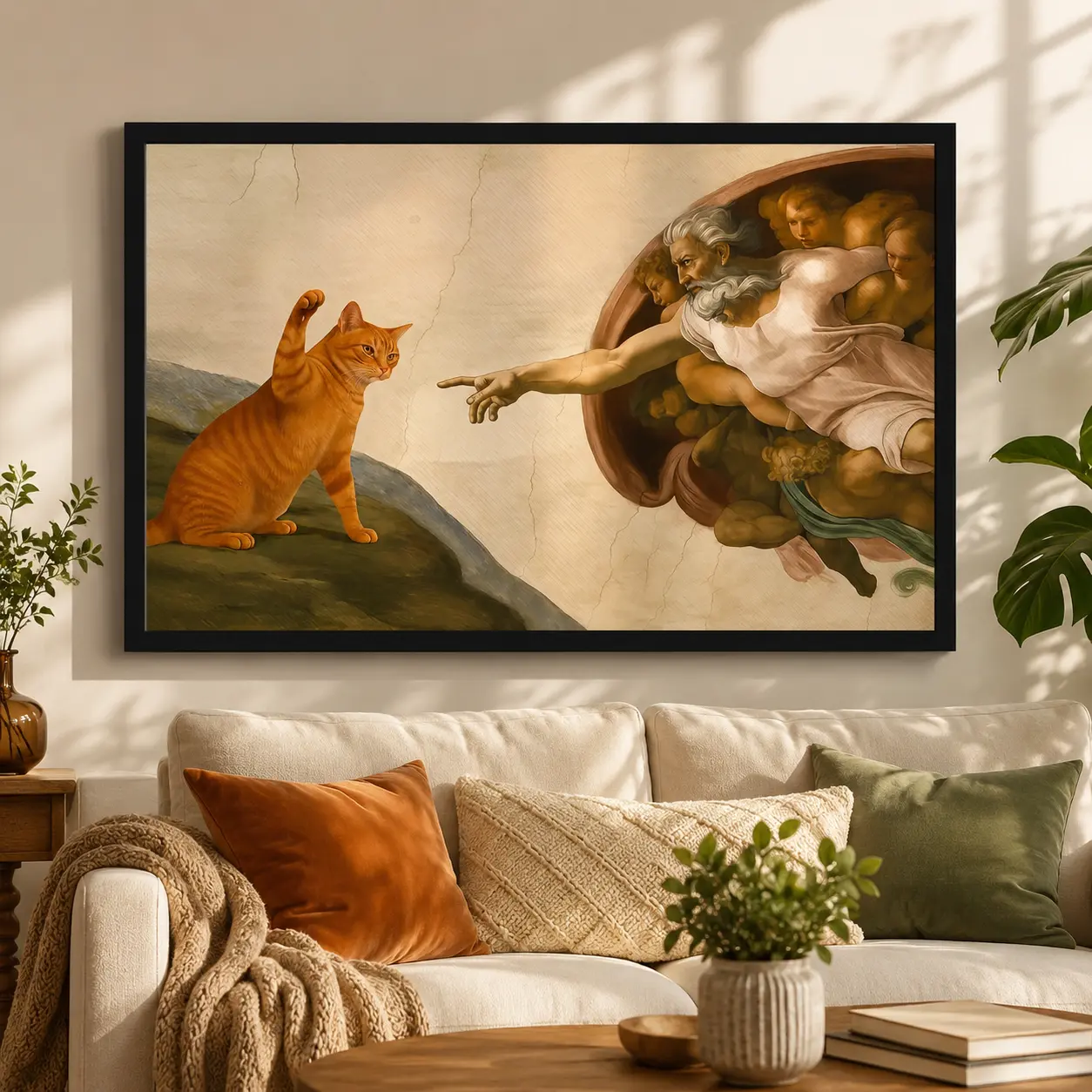 Funny Cat Poster Print Michelangelo Parody - Humorous Renaissance Meme, Canvas Wall Art Print, Funny Animal Wall Decor for Bathroom Living Room Bedroom Dorm Office, Classic Art Parody Poster, Gift for Cat Lovers