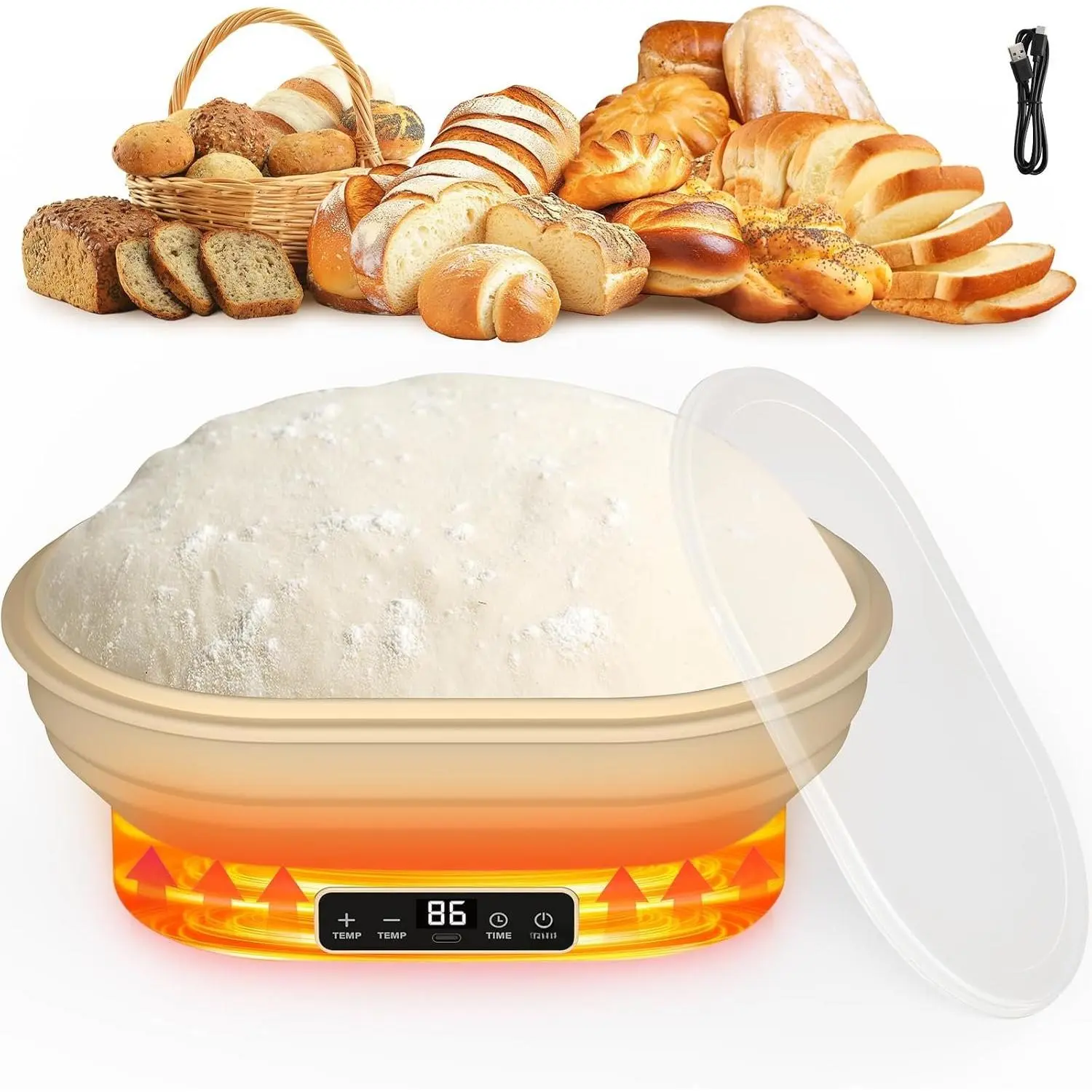 Heating Sourdough Bread Proofing Basket, 2L Electric Thermostatic Oval |  Banneton Proofing Bowl with 6 Timer & Temp Settings for Dough Rising, Dishwasher Safe, Foldable