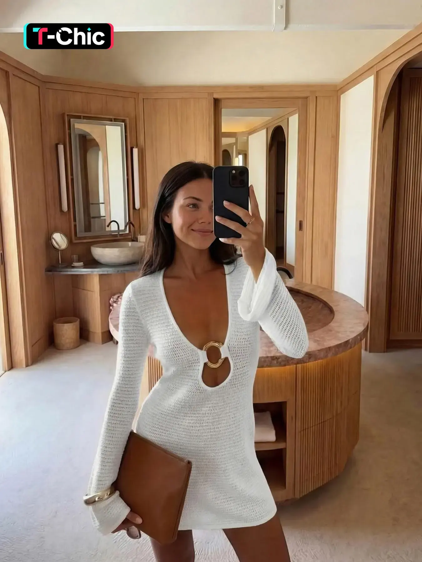 2026 Summer New White Hollow Knit Mini Dress, Deep V Neck Front Metal Ring Cutout, Long Flare Sleeve Loose Hem, Sheer Mesh Breathable Fabric, Summer Coverup Casual Beach Cover Up for Women Seaside Resort Pool Vacation Daily Relaxed Chic Outfit