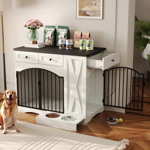 [Bellemave]GO 43.3" Farmhouse Dog Crate Furniture, Heavy Duty Dog Crate with 3 Drawers, Indoor Wooden Dog Kennel with Removable Feeder, Dog Cage End Table for  Medium Large Dogs, Beige and Brown