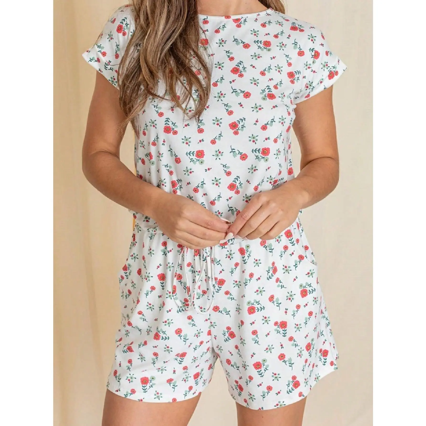 Boho Casual Red Black Ditsy Floral Short Sleeve Shorts Romper Short Sleeve