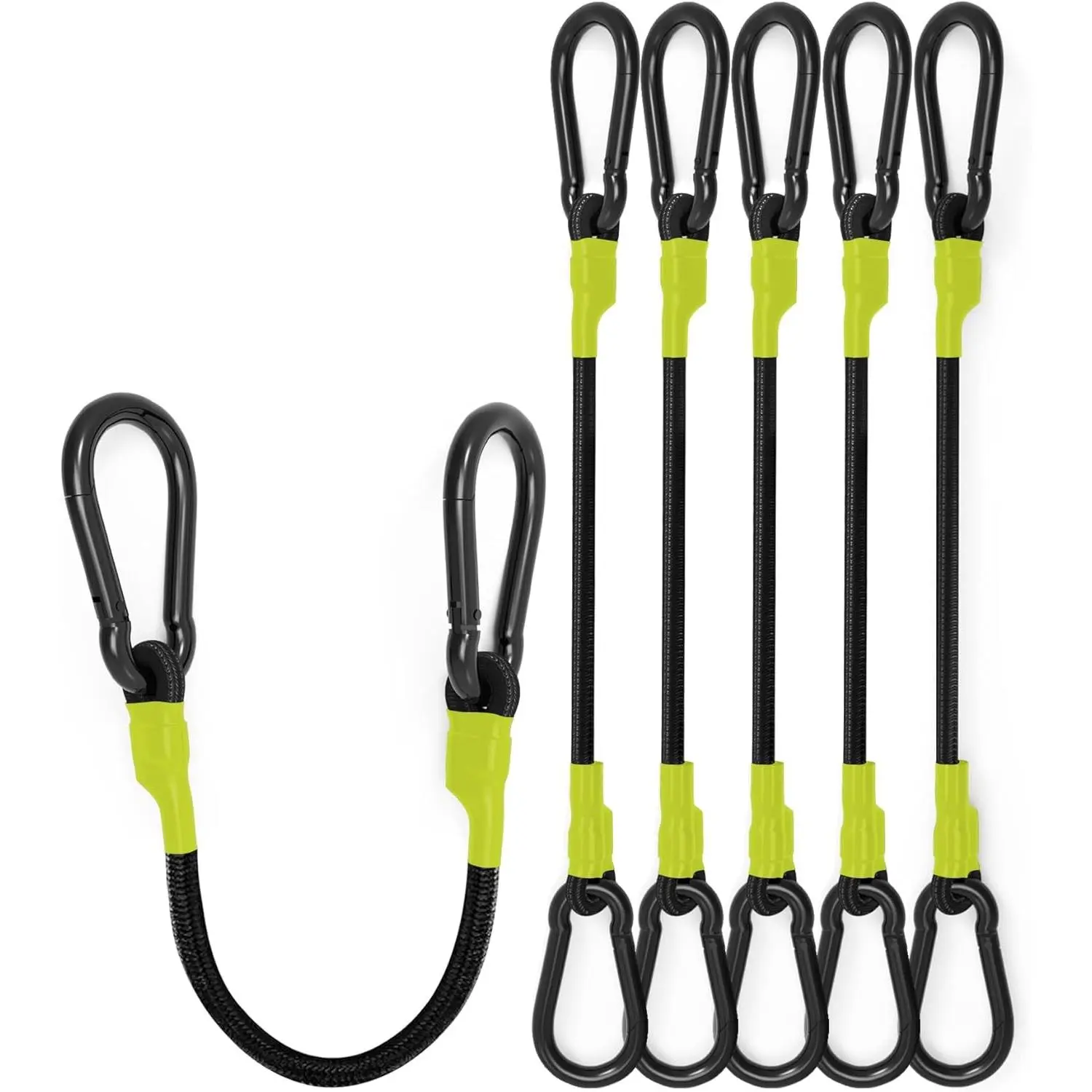 8-Pc 24-In Heavy-Duty Carabiner Bungee Straps, 190-Lbs Max Break Strength, Black/Yellow, Upgraded Hooks for Luggage Rack, Cargo Hand Carts, Bungee Strap