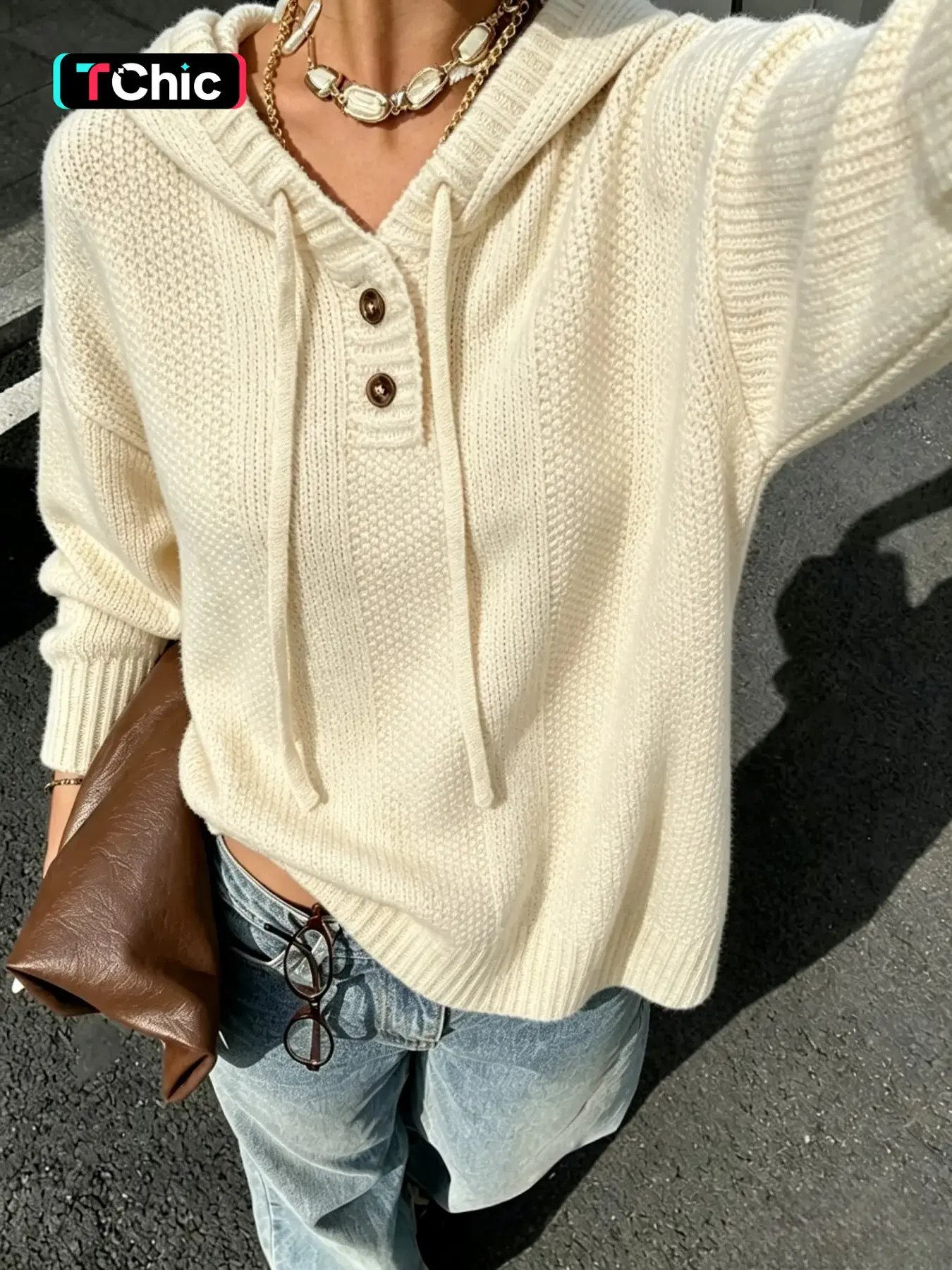 Autumn Winter Simple Style Button Hooded Drawstring Pullover, Elegant College Wind Lazy Casual Loose Fit, Versatile Solid Color Outerwear Sweater