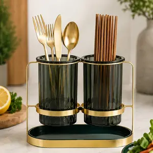 1pc semi transparent cutlery storage rack with a golden border, featuring dual drain chopsticks and cutlery storage boxes, suitable for kitchen countertops