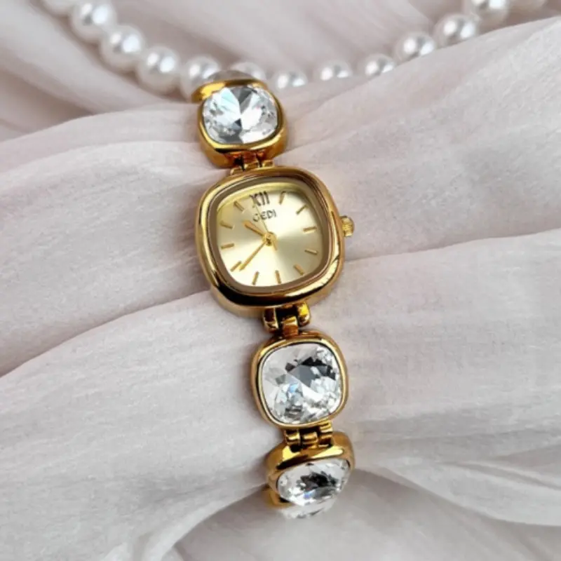 Women's Watch with Rhinestone Small Square Band, Elegant Embellished Steel Strap Wristwatch, [62046], Analog Round Dial, All Seasons