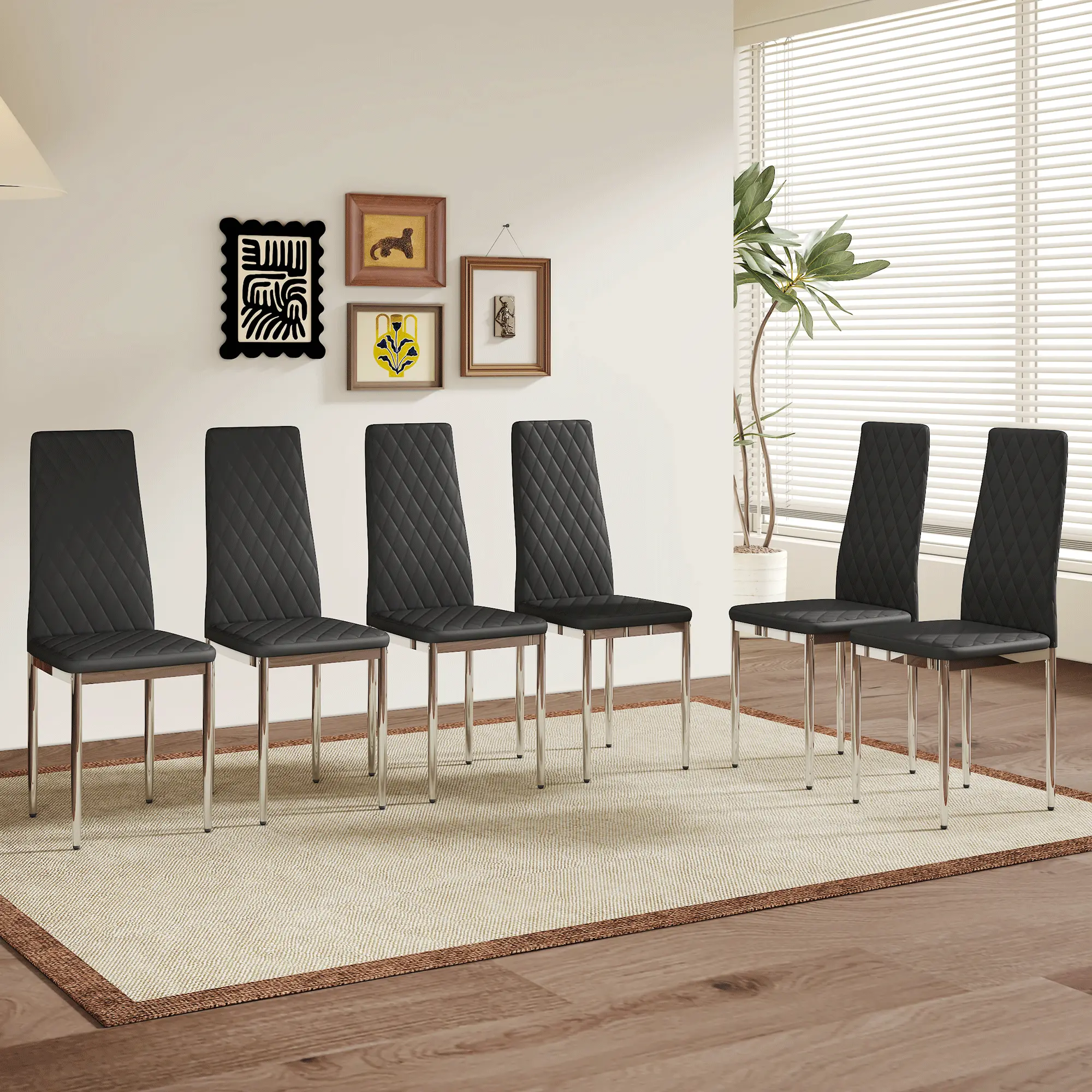 ARCH Set of 6 Modern Dining Chairs Black PU Leather Seat Silver Metal Legs Diamond Stitch Backrest Ergonomic Design Easy Assembly Minimalist Kitchen Room Furniture Family Gathering, Black+Silver Color Options, Metal/PU Material, Product Dimensions: