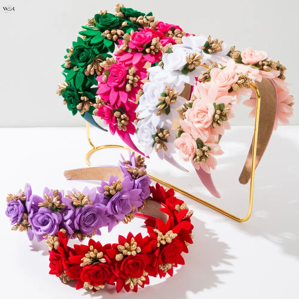 Artificial Rose Flower Headband, Boho Floral Crown Hair Hoop with Golden Bud, Multicolor Fabric Flower Hairband for Women Wedding Party Festival Photo Props