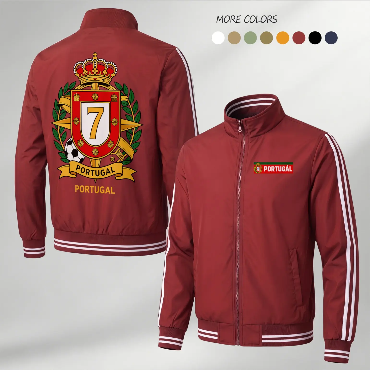 Men’s Portugal Inspired Lightweight Zip Up Track Jacket, Stand Collar Sports Outerwear, Front Chest and Back Number Graphic Print Coat, Casual Long Sleeve Jacket for Spring Fall Daily Wear